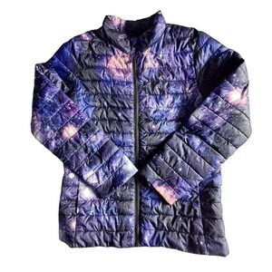 Lands End Kids Puffer Jacket Galaxy Print Blue Purple Pink Stars Size M 10 12